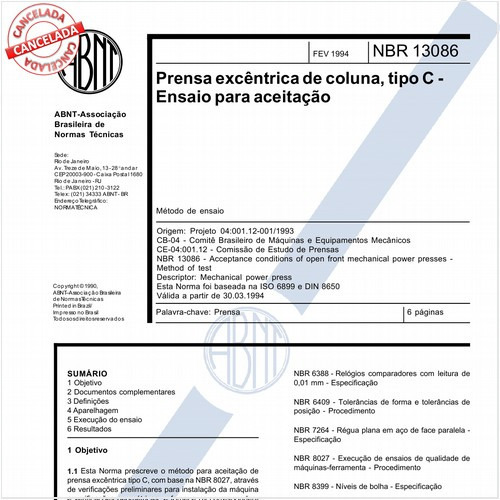 Prensa excêntrica de coluna, tipo C - Ensaio para aceitação