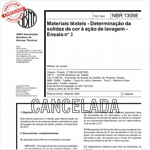 Materiais têxteis - Determinação da solidez de cor à ação de lavagem - Ensaio nº 2