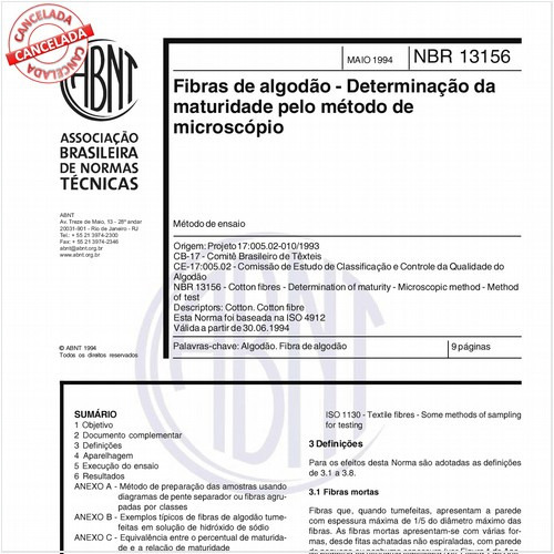Fibras de algodão - Determinação da maturidade pelo método de microscópio