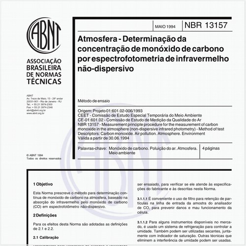Atmosfera - Determinação da concentração de monóxido de carbono por espectrofotometria de infravermelho não-dispersivo - Método de ensaio