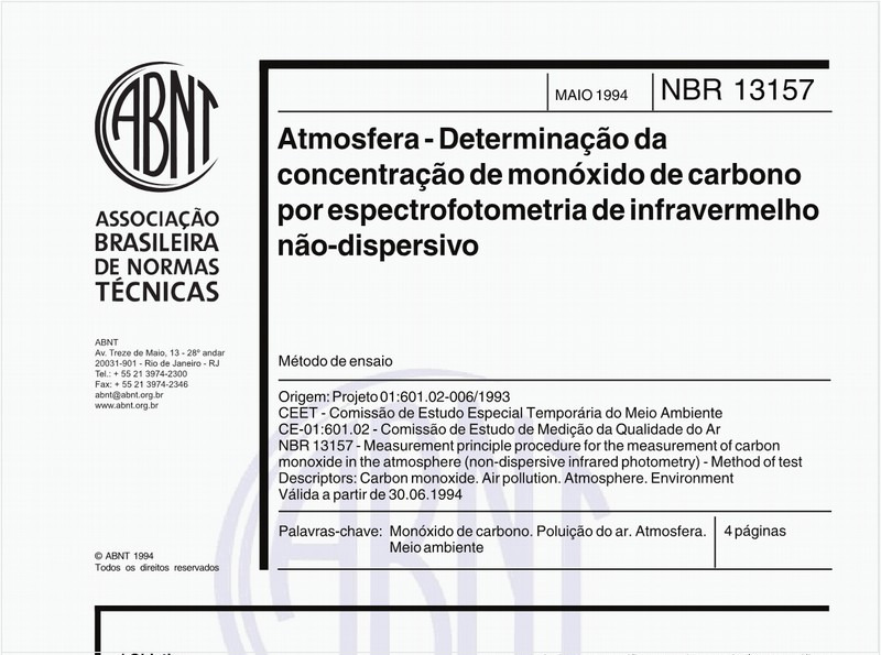 Atmosfera - Determinação da concentração de monóxido de carbono por espectrofotometria de infravermelho não-dispersivo - Método de ensaio