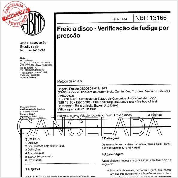 Freio a disco - Verificação de fadiga por pressão