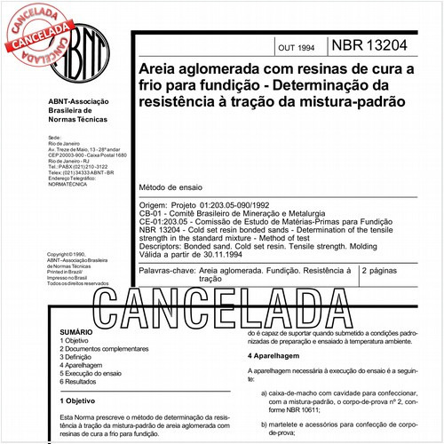 Areia aglomerada com resinas de cura a frio para fundição - Determinação da resistência à tração da mistura-padrão