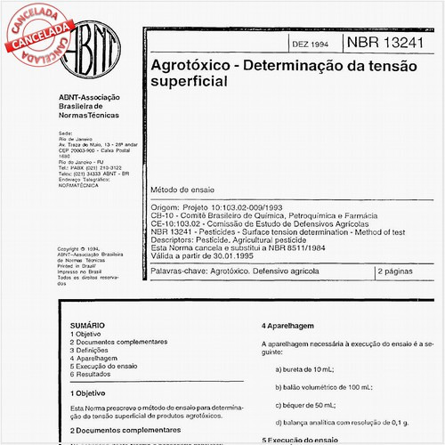 Agrotóxico - Determinação da tensão superficial