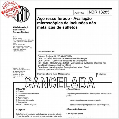 Aço ressulfurado - Avaliação microscópica de inclusões não metálicas de sulfetos