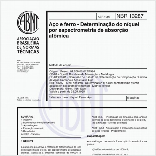 Aço e ferro - Determinação do níquel por espectrometria de absorção atômica - Método de ensaio