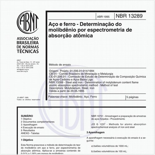Aço e ferro - Determinação do molibdênio por espectrometria de absorção atômica - Método de ensaio