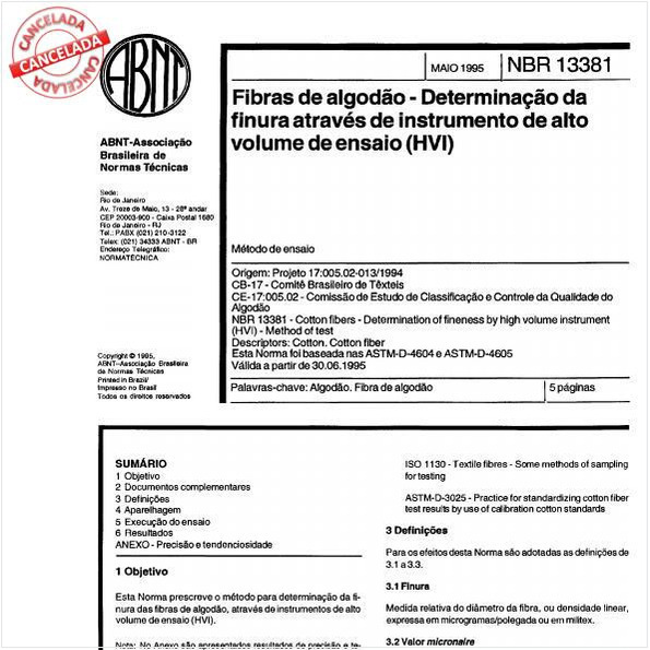 Fibras de algodão - Determinação da finura através de instrumento de alto volume de ensaio (HVI)