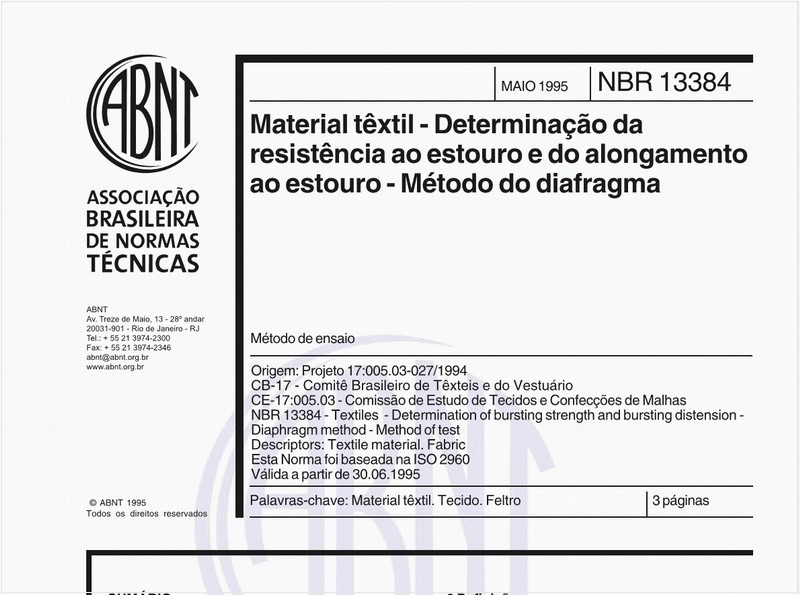 Material têxtil - Determinação da resistência ao estouro e do alongamento ao estouro - Método do diafragma