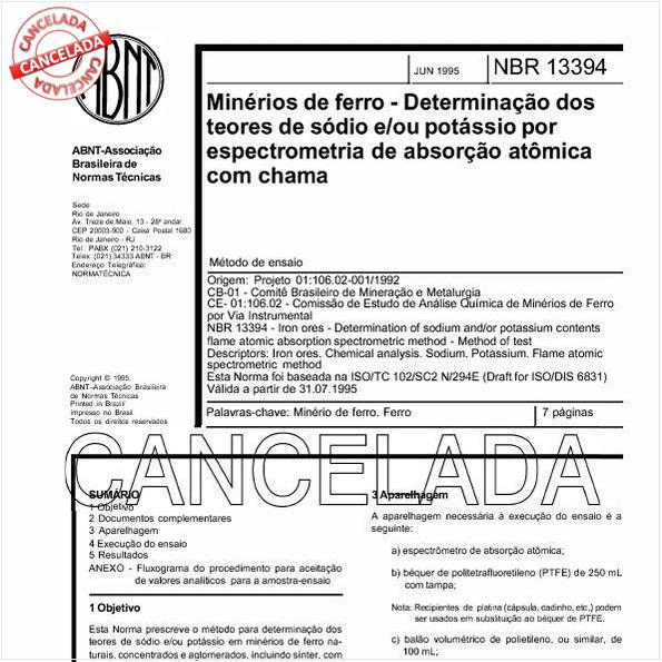 Minérios de ferro - Determinação dos teores de sódio e/ou potássio por espectrometria de absorção atômica com chama