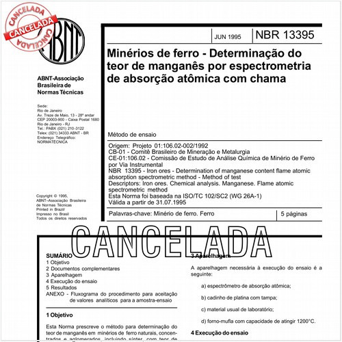 Minérios de ferro - Determinação do teor de manganês por espectrometria de absorção atômica com chama