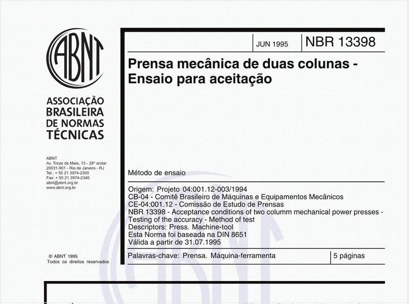 Prensa mecânica de duas colunas - Ensaio para aceitação - Método de ensaio