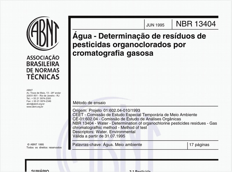 Água - Determinação de resíduos de pesticidas organoclorados por cromatografia gasosa - Método de ensaio
