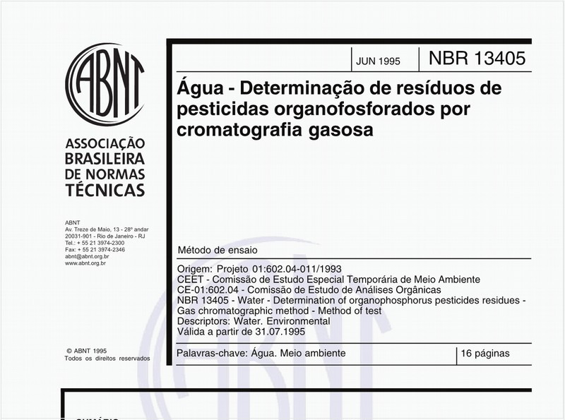 Água - Determinação de resíduos de pesticidas organofosforados por cromatografia gasosa - Método de ensaio