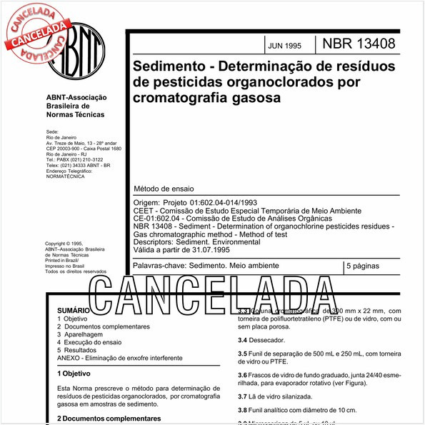 Sedimento - Determinação de resíduos de pesticidas organoclorados por cromatografia gasosa