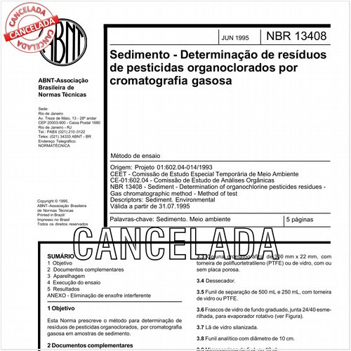 Sedimento - Determinação de resíduos de pesticidas organoclorados por cromatografia gasosa