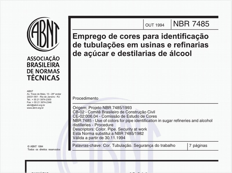 Emprego de cores para identificação de tubulações em usinas e refinarias de açúcar e destilarias de álcool