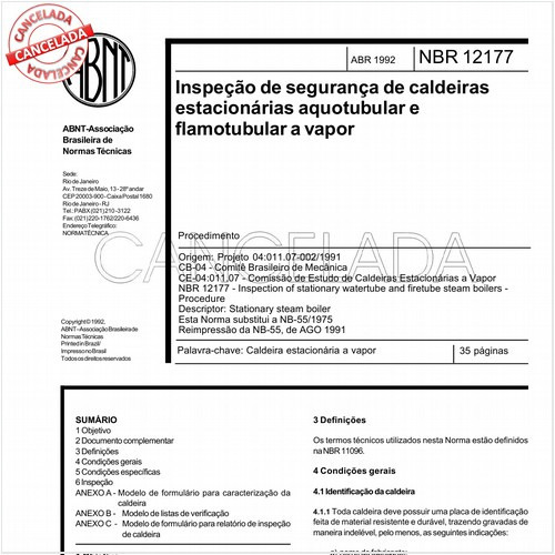 Inspeção de segurança de caldeiras estacionárias aquotubular e flamotubular a vapor