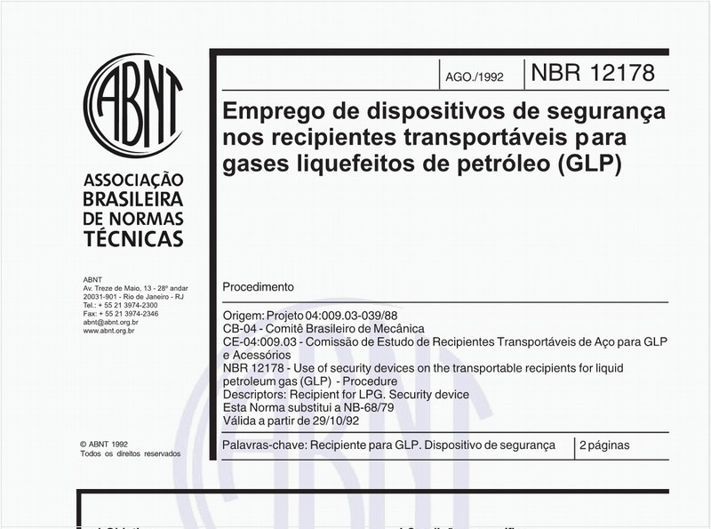 Emprego de dispositivos de segurança nos recipientes transportáveis para gases liquefeitos de petróleo (GLP) - Procedimento