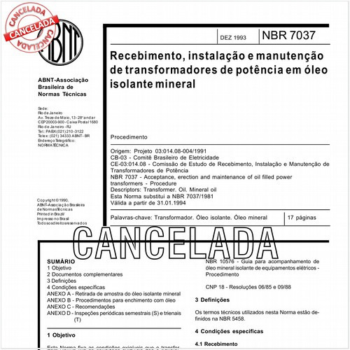 Recebimento, instalação e manutenção de transformadores de potência em óleo isolante mineral