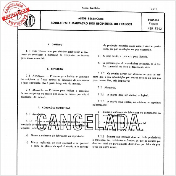 óleos essenciais - Rotulagem e marcação dos recipientes ou frascos