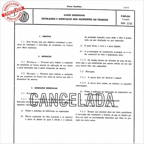 óleos essenciais - Rotulagem e marcação dos recipientes ou frascos