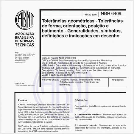 Tolerâncias geométricas - Tolerâncias de forma, orientação, posição e batimento - Generalidades, símbolos, definições e indicações em desenho