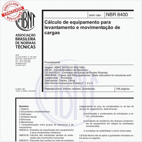 Cálculo de equipamento para levantamento e movimentação de cargas