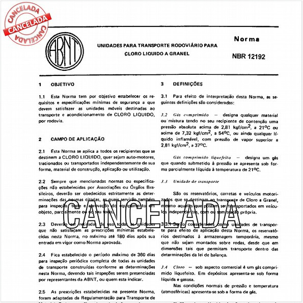Unidades para transporte rodoviário para cloro líquido a granel