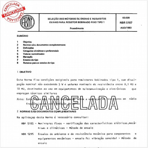 Seleção dos métodos de ensaio e requisitos gerais para resistor bobinado fixo tipo 1