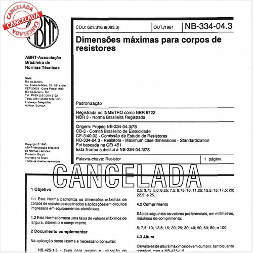 Dimensões máximas para corpos de resistores