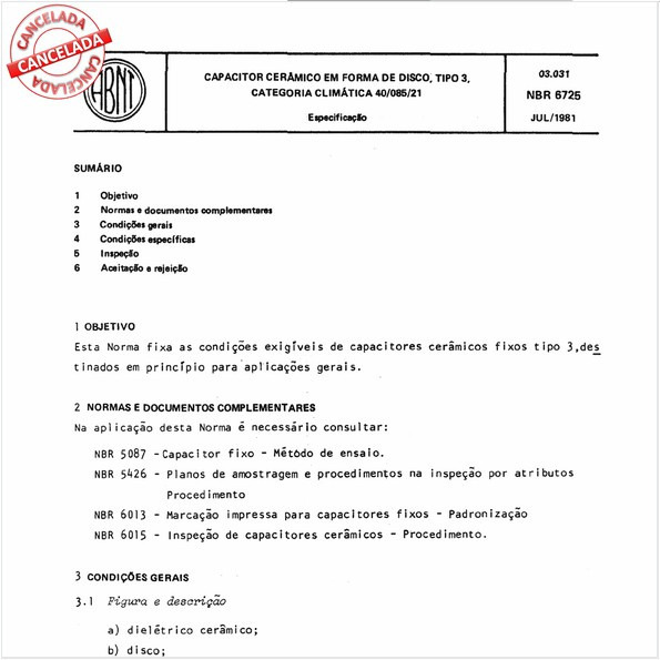 Capacitor cerâmico em forma de disco, tipo 3, categoria climática 40/085/21