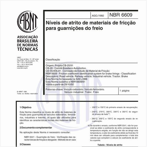 Níveis de atrito de materiais de fricção para guarnições do freio