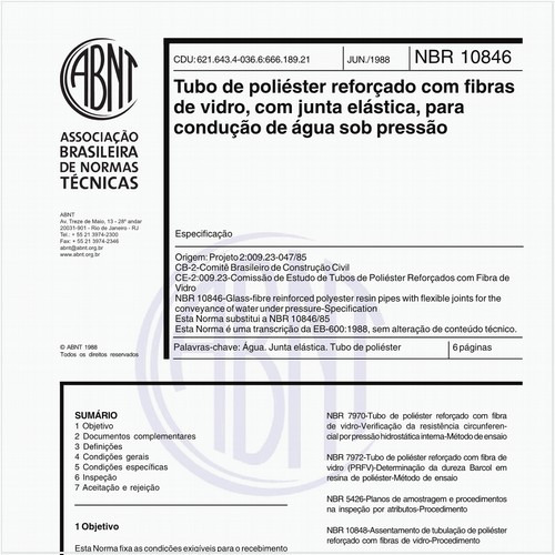Tubo de poliéster reforçado com fibras de vidro, com junta elástica, para condução de água sob pressão - Especificação