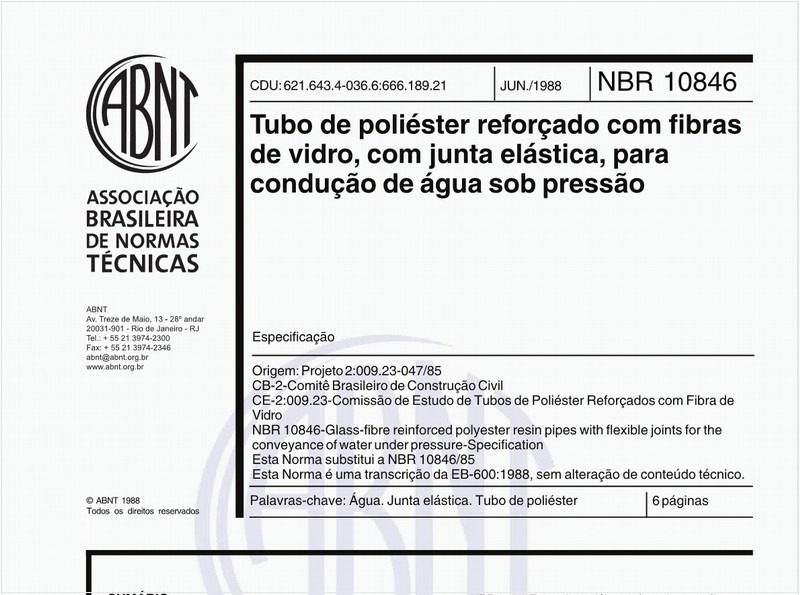 Tubo de poliéster reforçado com fibras de vidro, com junta elástica, para condução de água sob pressão - Especificação