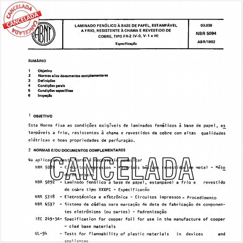 Laminado fenólico à base de papel, estampável a frio, resistente à chama e revestido de cobre, tipo FR-2 (V-0, V-1 e H)