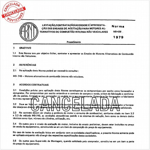 Licitação, contratação (acordos) e apresentação dos ensaios de aceitação para motores alternativos de combustão interna não veiculares