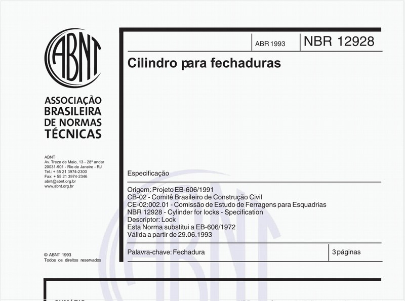 Cilindro para fechaduras - Especificação