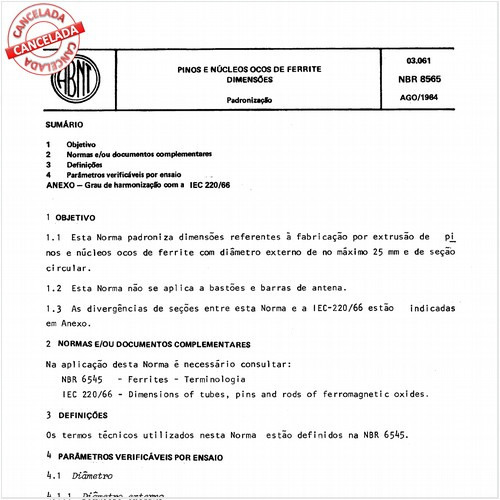 Pinos e núcleos ocos de ferrite - Dimensões