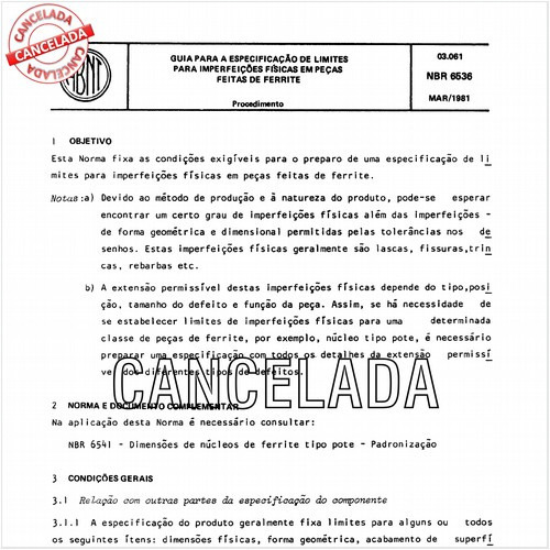 Guia para a especificação de limites para imperfeições físicas em peças feitas de ferrite