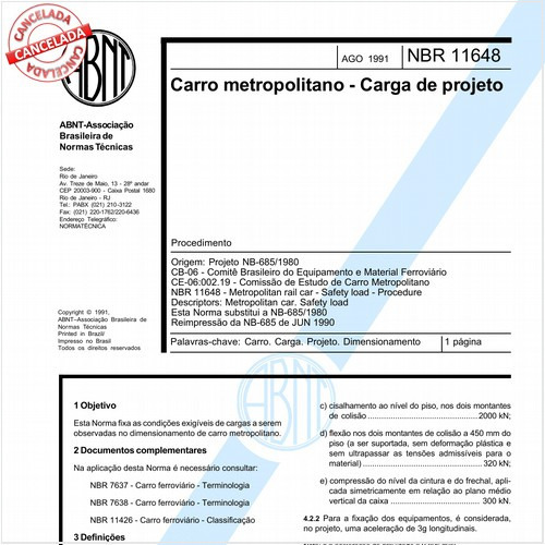 Carro metropolitano - Carga de projeto