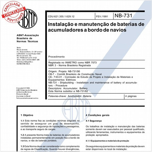 Instalação e manutenção de baterias de acumuladores a bordo de navios