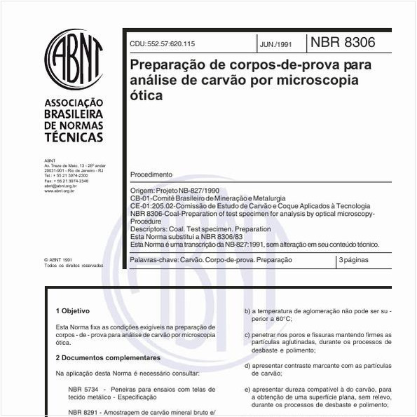 Preparação de corpos-de-prova para análise de carvão por microscopia ótica - Procedimento