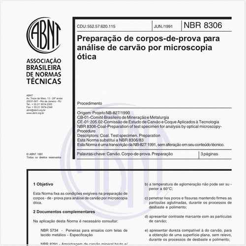 Preparação de corpos-de-prova para análise de carvão por microscopia ótica - Procedimento