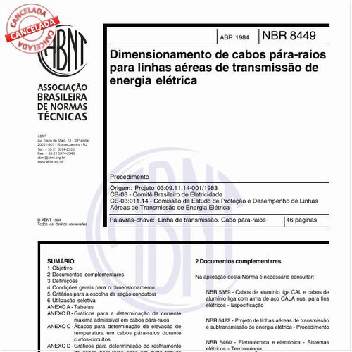 Dimensionamento de cabos pára-raios para linhas aéreas de transmissão de energia elétrica - Procedimento