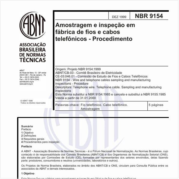 Amostragem e inspeção em fábrica de fios e cabos telefônicos - Procedimento