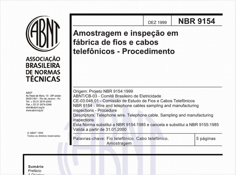 Amostragem e inspeção em fábrica de fios e cabos telefônicos - Procedimento