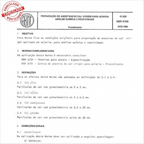 Preparação de amostras de cal virgem para aciaria - Análise química e reatividade