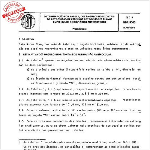 Determinação, por tabela, dos ângulos horizontais de retrovisão de espelhos retrovisores planos em veículos rodoviários automotores