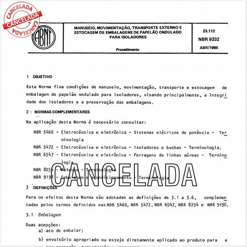 Manuseio, movimentação, transporte externo e estocagem de embalagens de papelão ondulado para isoladores